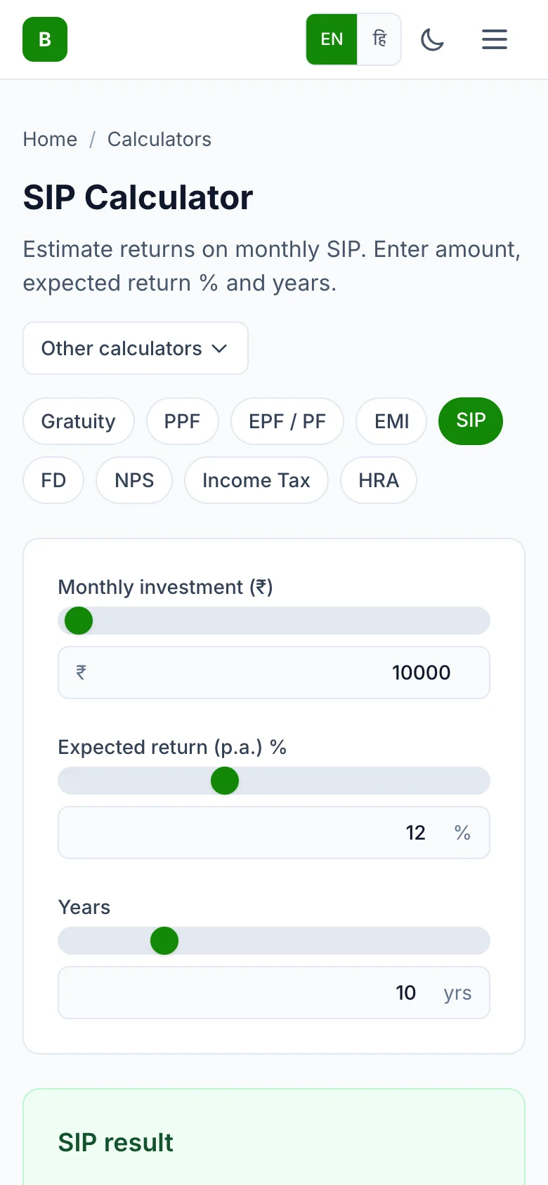 On phones the global header collapses sensibly while the calculator body stays a single column: amounts and disclaimers remain legible, which matters for users who land from search on a commute and still need the same billing and calculator depth as desktop.