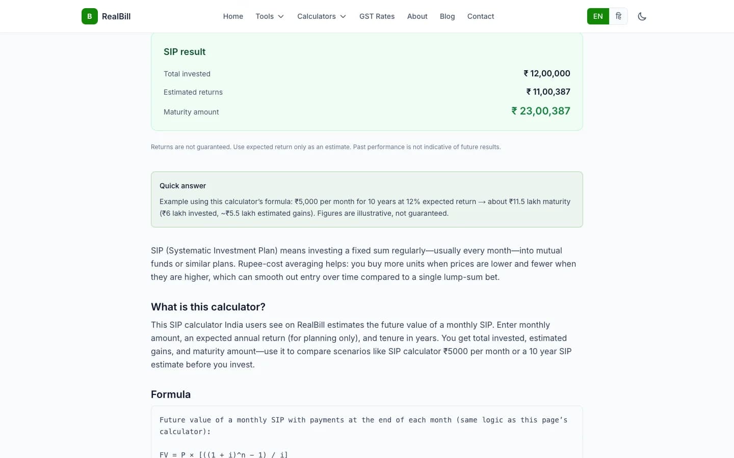 SIP results & disclaimers