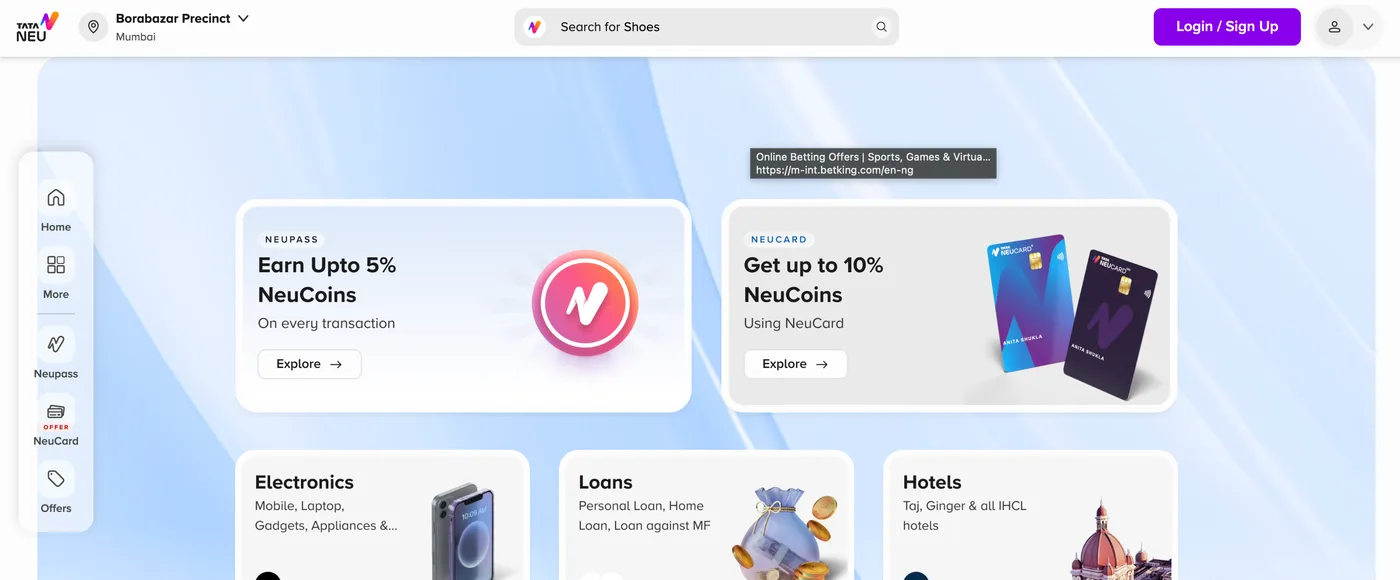 Homepage — NeuPass and NeuCard loyalty promos (earn up to 5% and 10% NeuCoins on transactions), plus category cards for Electronics, Loans, and Hotels in a clean card-based layout.