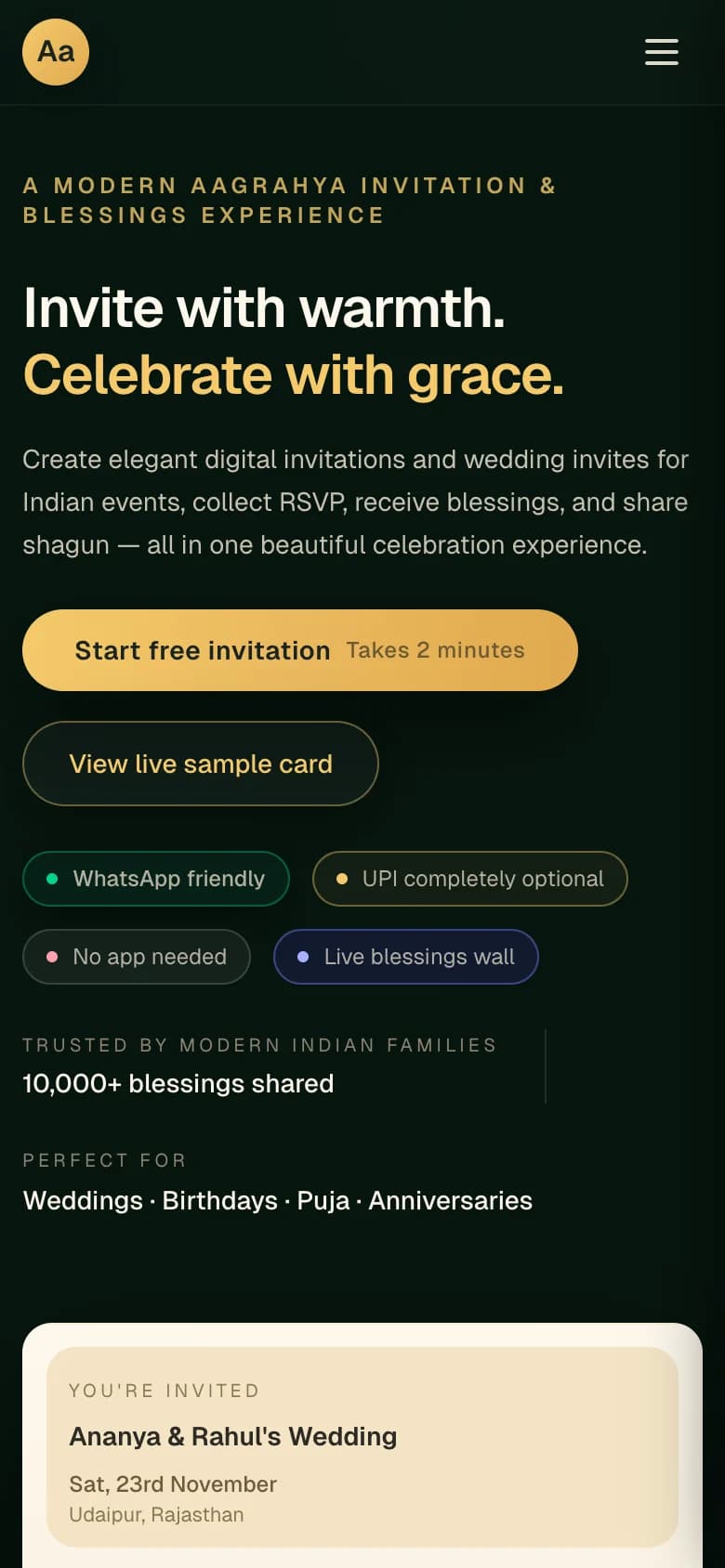 On mobile the same story collapses into a thumb-friendly column: primary actions stay visible, typography stays legible in bright outdoor light, and the invite preview still feels ceremonial on a small screen.